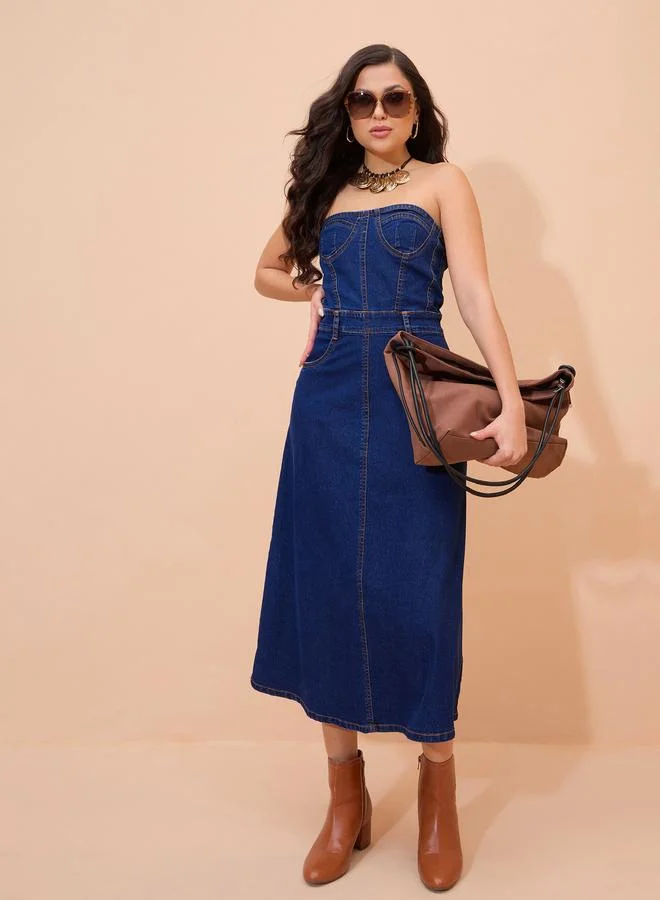 SASSAFRAS Navy Blue Denim Washed Bandeau Midi Dress