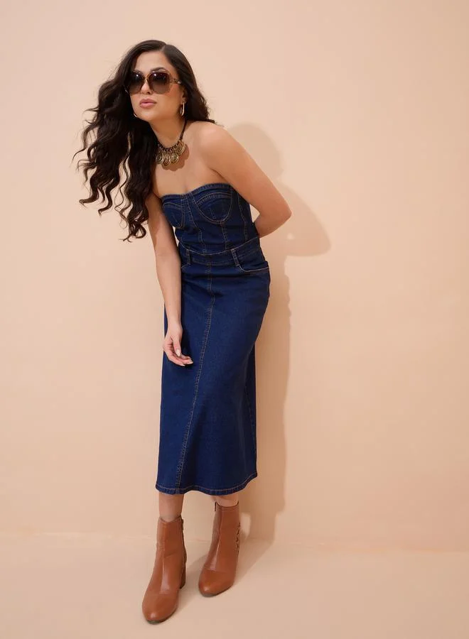 SASSAFRAS Navy Blue Denim Washed Bandeau Midi Dress