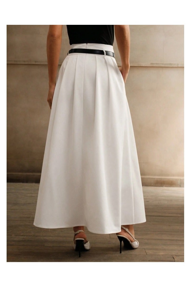 Shein Women White High Waist Pleated A-Line Skirt With Belt  - Image 5