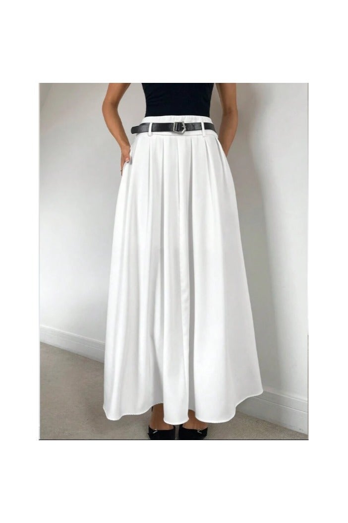 Shein Women White High Waist Pleated A-Line Skirt With Belt  - Image 1