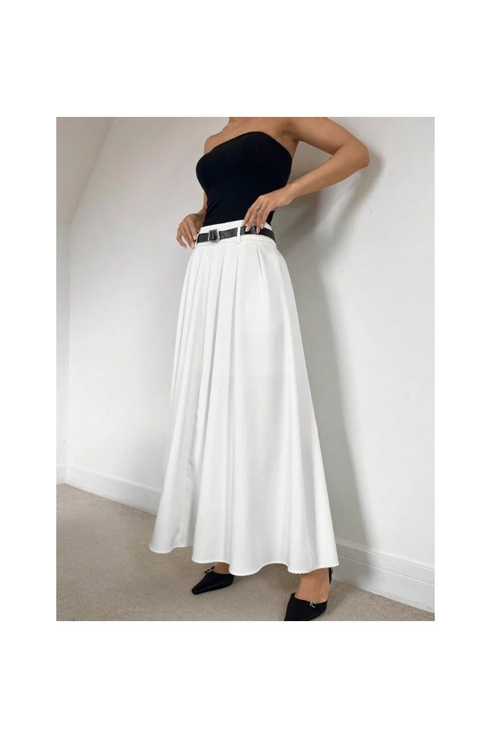 Shein Women White High Waist Pleated A-Line Skirt With Belt  - Image 3