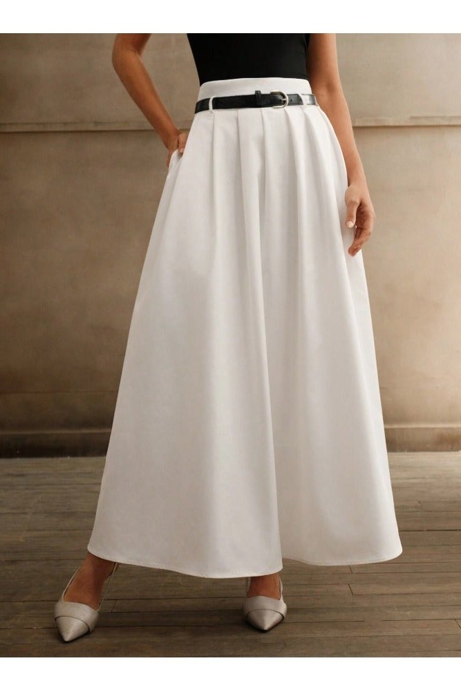 Shein Women White High Waist Pleated A-Line Skirt With Belt  - Image 4