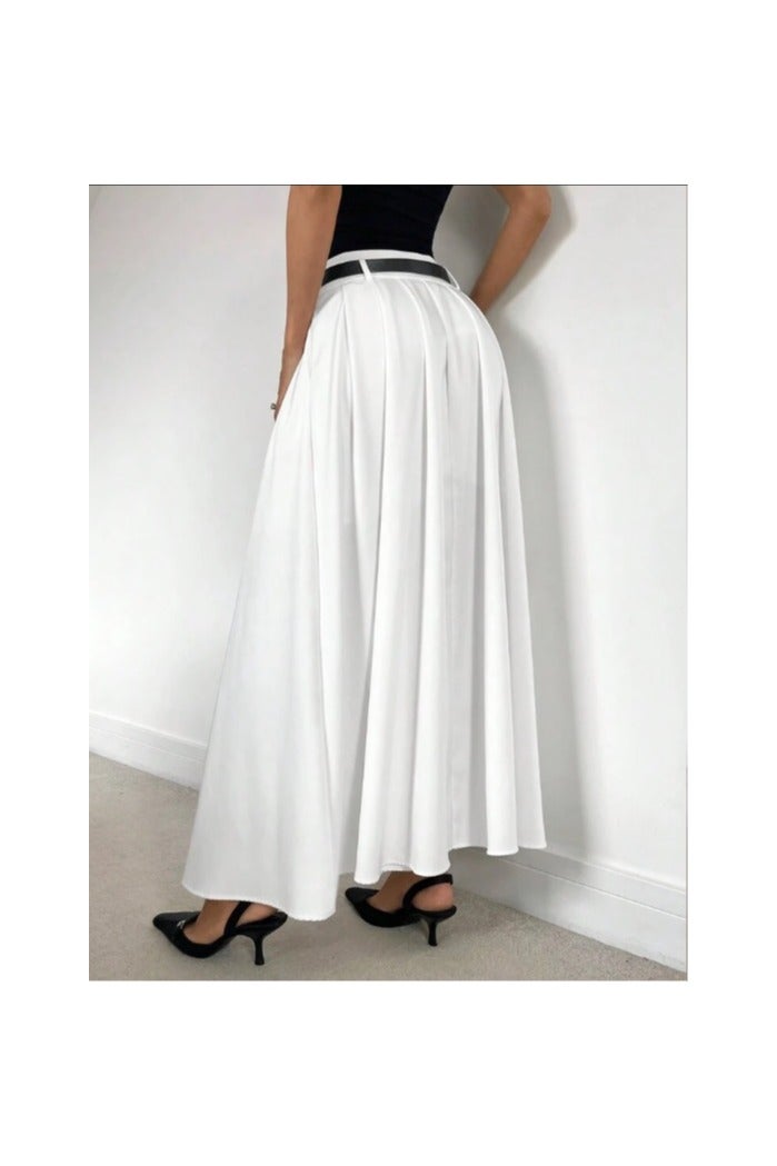 Shein Women White High Waist Pleated A-Line Skirt With Belt  - Image 2