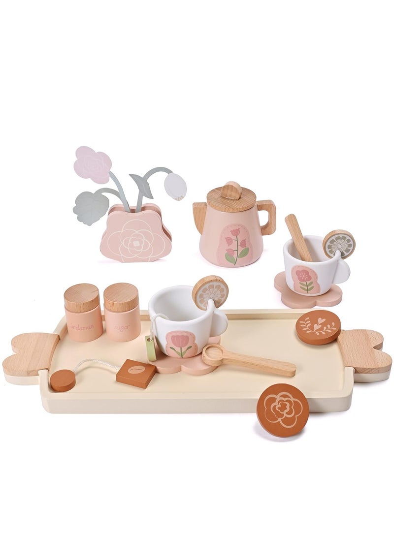 SYOSI Wooden Kids Tea Set Toy Wooden Toys Pretend Play Food Kitchen Accessories Afternoon Tea Set for Toddler Children Tea Party Set with Dessert Tray Teapot Gifts for Girls Boy aged 3+ - Image 1