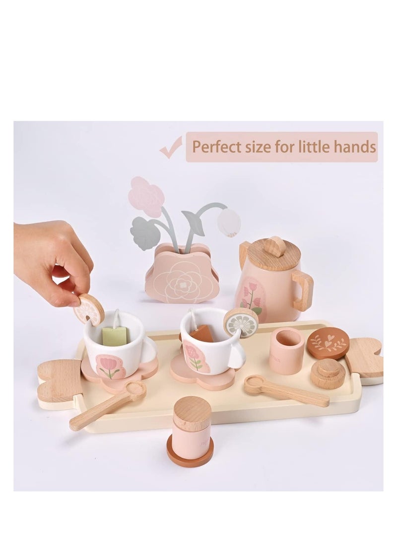 SYOSI Wooden Kids Tea Set Toy Wooden Toys Pretend Play Food Kitchen Accessories Afternoon Tea Set for Toddler Children Tea Party Set with Dessert Tray Teapot Gifts for Girls Boy aged 3+ - Image 2