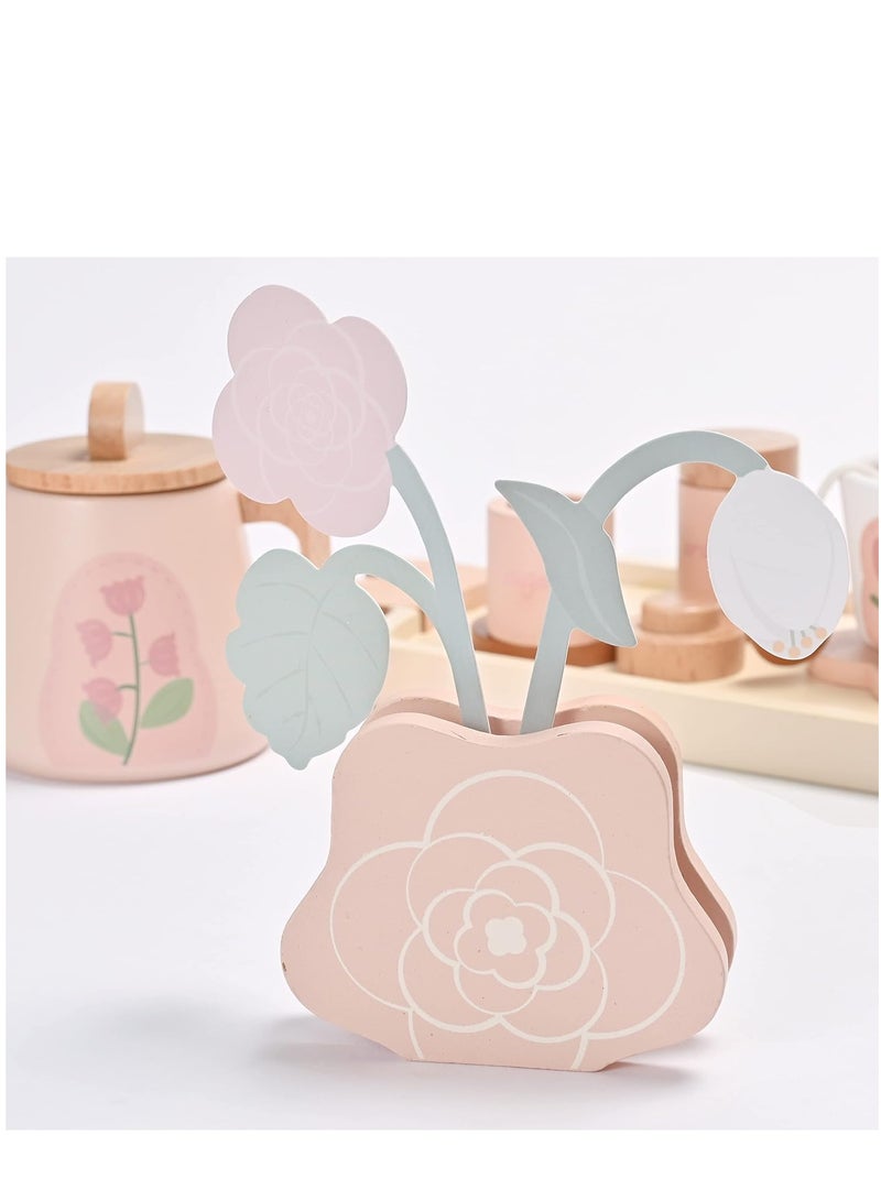 SYOSI Wooden Kids Tea Set Toy Wooden Toys Pretend Play Food Kitchen Accessories Afternoon Tea Set for Toddler Children Tea Party Set with Dessert Tray Teapot Gifts for Girls Boy aged 3+ - Image 3