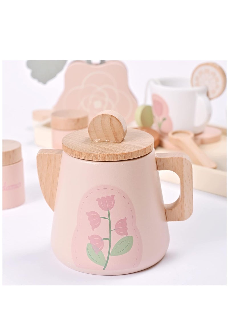 SYOSI Wooden Kids Tea Set Toy Wooden Toys Pretend Play Food Kitchen Accessories Afternoon Tea Set for Toddler Children Tea Party Set with Dessert Tray Teapot Gifts for Girls Boy aged 3+ - Image 4