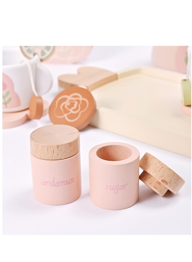 SYOSI Wooden Kids Tea Set Toy Wooden Toys Pretend Play Food Kitchen Accessories Afternoon Tea Set for Toddler Children Tea Party Set with Dessert Tray Teapot Gifts for Girls Boy aged 3+ - Image 5