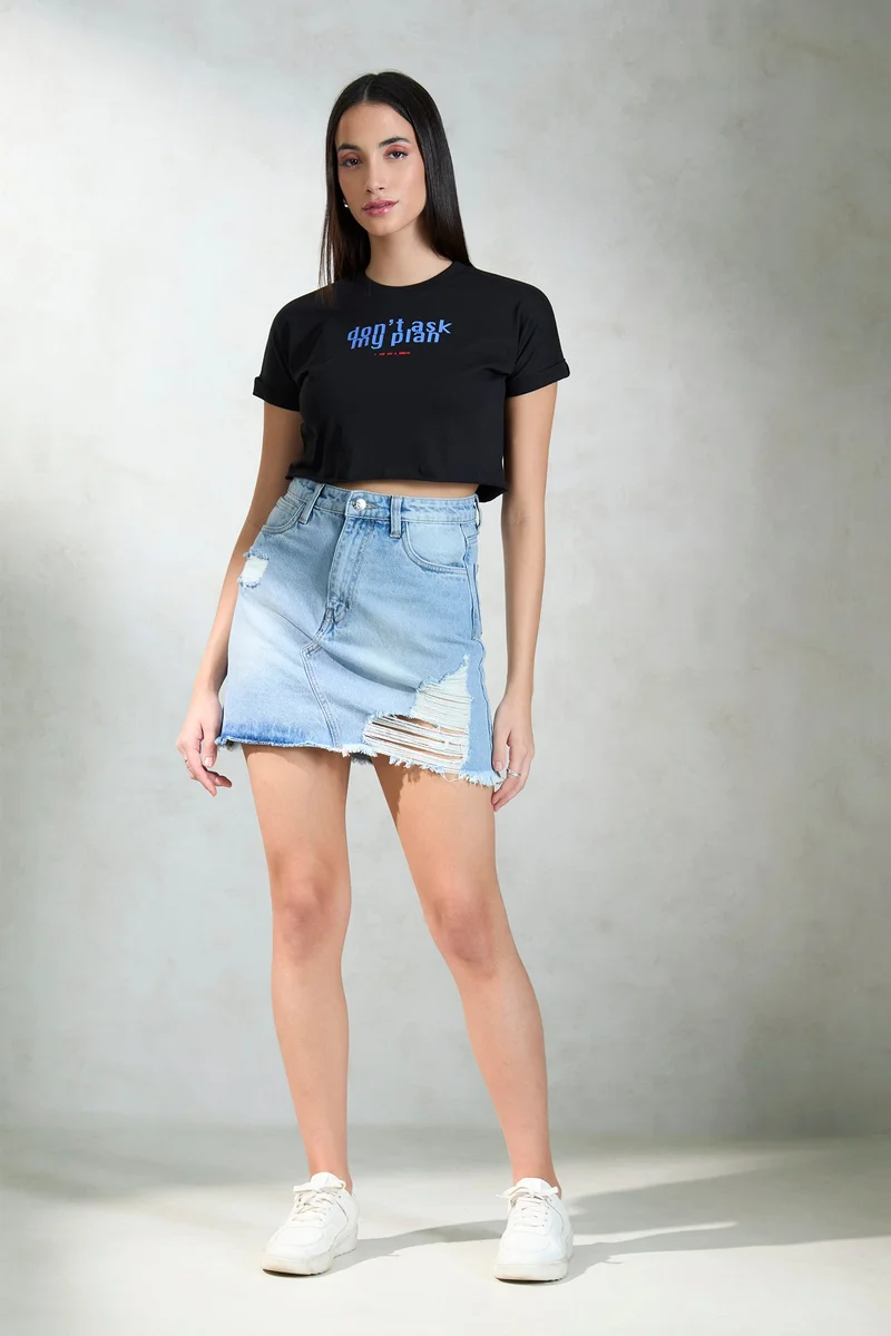 Virgio Solid Cotton Round Neck Crop Graphic Tee for Women