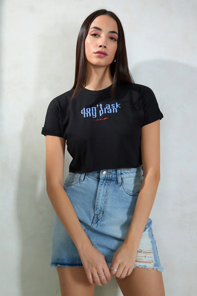 Virgio Solid Cotton Round Neck Crop Graphic Tee for Women