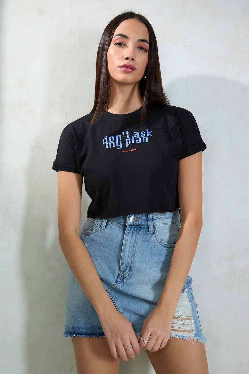 Virgio Solid Cotton Round Neck Crop Graphic Tee for Women