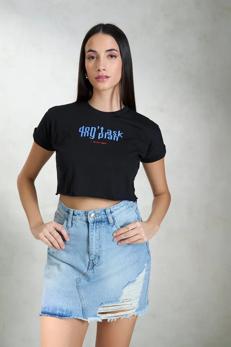 Solid Cotton Round Neck Crop Graphic Tee for Women
