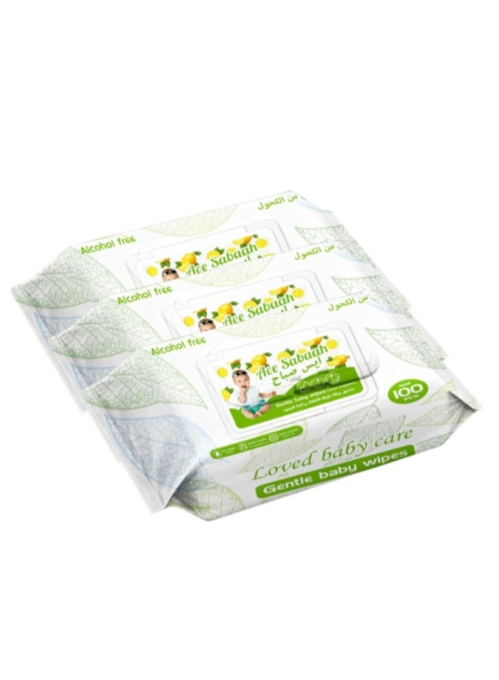 Ace Sabaah Baby Wet Wipes Mild Lemon Scent 3 x 100 Wipes - Image 1