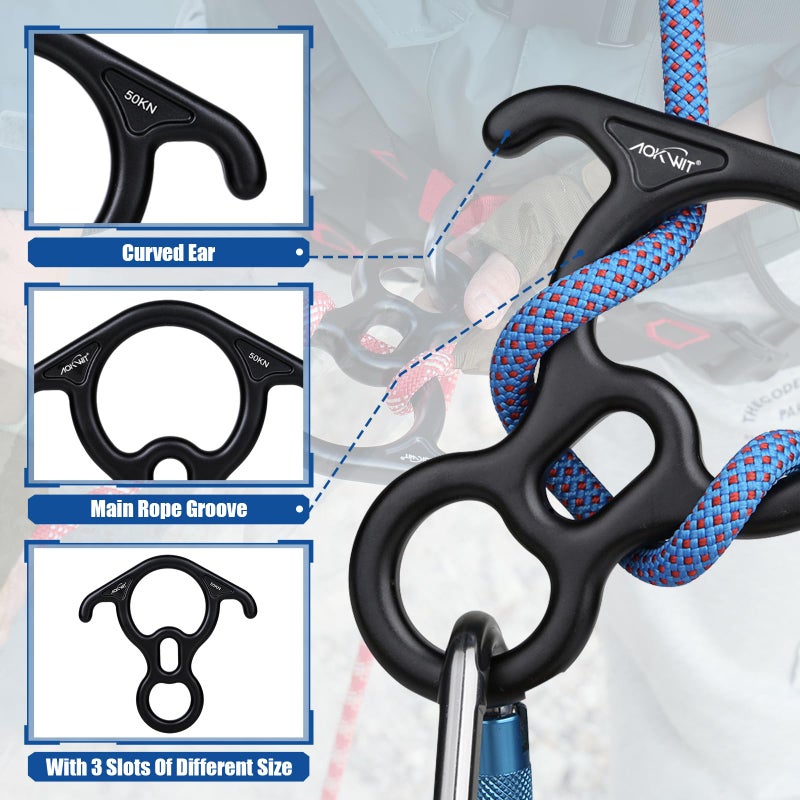 AOKWIT 50KN Rescue Figure, 8 Descender Large Bent-Ear Belaying and Rappelling Gear Belay Device Climbing for Rock Climbing Peak Rescue 7075 Aluminum Alloy (Black) - Image 5