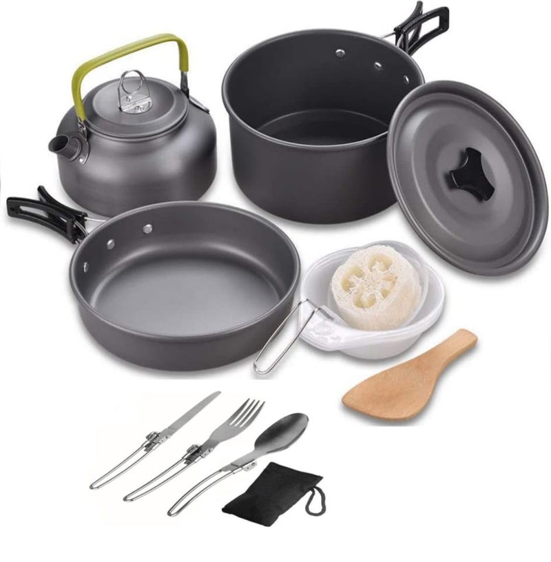 DPCR Camping Cookware Mess Kit with Spoon Set, Lightweight Hiking Cookware Set with Mesh Bag, Nonstick Aluminum Cooking Kit, Pot Pan Kettle Backpacking Mess Kit with Bowls (3-4 Person) - Image 1