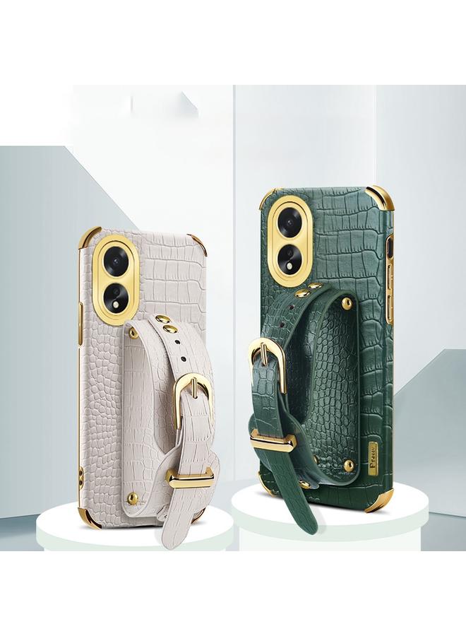 S-TOP Case For OPPO A38 Electroplated Wrist Strap Crocodile Leather Back Phone Case - Image 3