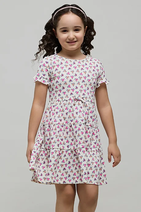 R&B Floral Printed Tiered Dress with Crew Neck and Short Sleeves