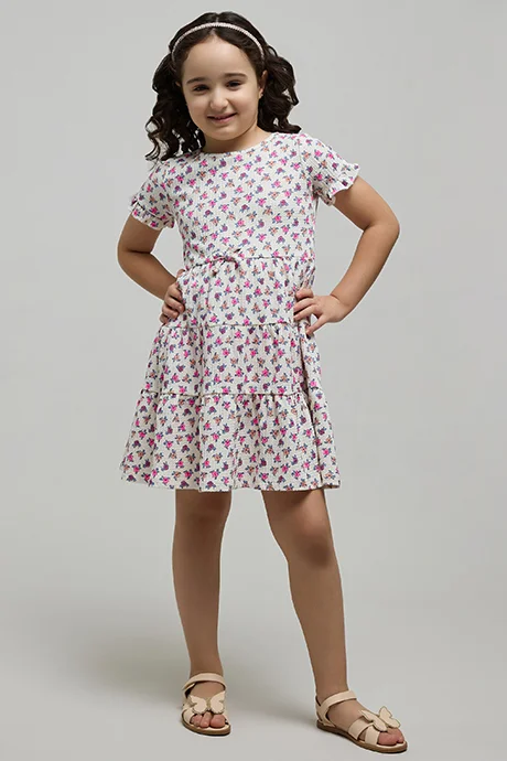R&B Floral Printed Tiered Dress with Crew Neck and Short Sleeves