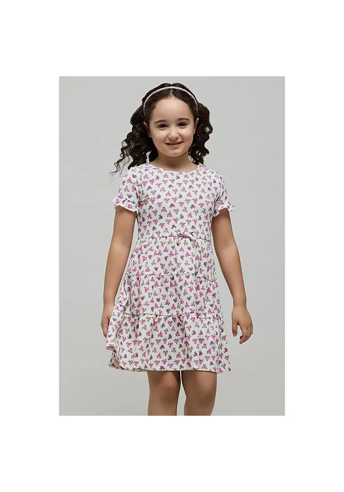 R&b Floral Printed Tiered Dress with Crew Neck and Short Sleeves