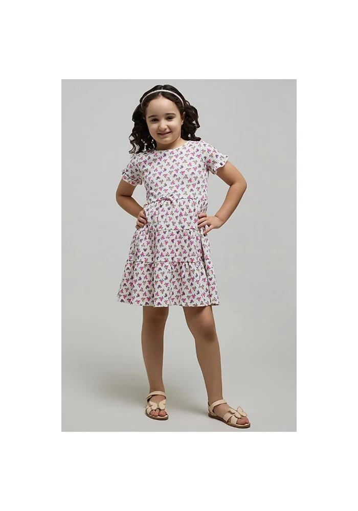 R&b Floral Printed Tiered Dress with Crew Neck and Short Sleeves
