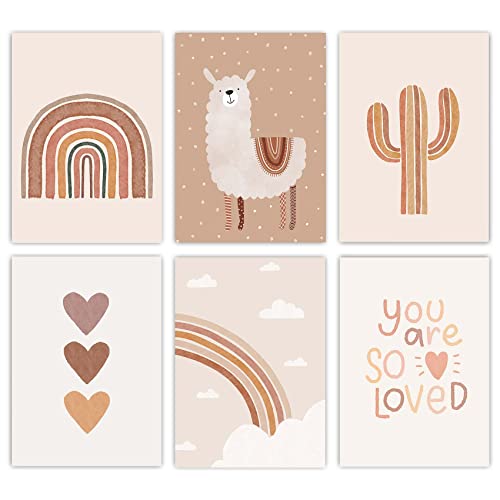 Canssape 6pcs Boho Baby Room Decor Poster Canvas Wall Art Prints Rainbow Nursery Wall Decor Unframed Kids Wall Decor for Baby Girl Room Art Heart Color Animal Theme Watercolor 8x10 inch - Image 1
