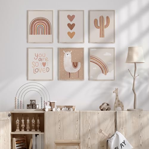 Canssape 6pcs Boho Baby Room Decor Poster Canvas Wall Art Prints Rainbow Nursery Wall Decor Unframed Kids Wall Decor for Baby Girl Room Art Heart Color Animal Theme Watercolor 8x10 inch - Image 3