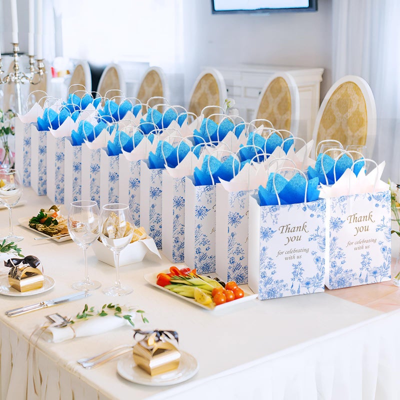 Tenceur 60 Pcs Blue Floral Gift Bags Bulk Wedding Bridal Gift Bag with Tissue Paper Party Favor Thank You Bags 5.9 x 3.2 x 8.3 Inch with Handle for Weddings Welcome, Bride Showers, Engagement Party - Image 5