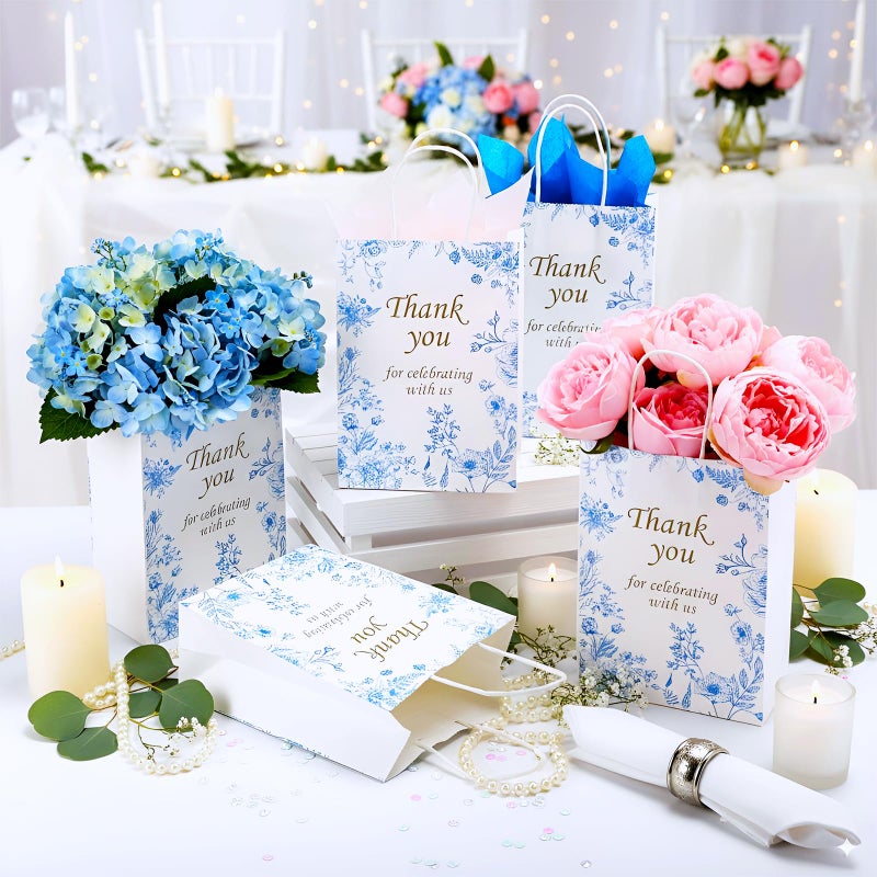 Tenceur 60 Pcs Blue Floral Gift Bags Bulk Wedding Bridal Gift Bag with Tissue Paper Party Favor Thank You Bags 5.9 x 3.2 x 8.3 Inch with Handle for Weddings Welcome, Bride Showers, Engagement Party - Image 2