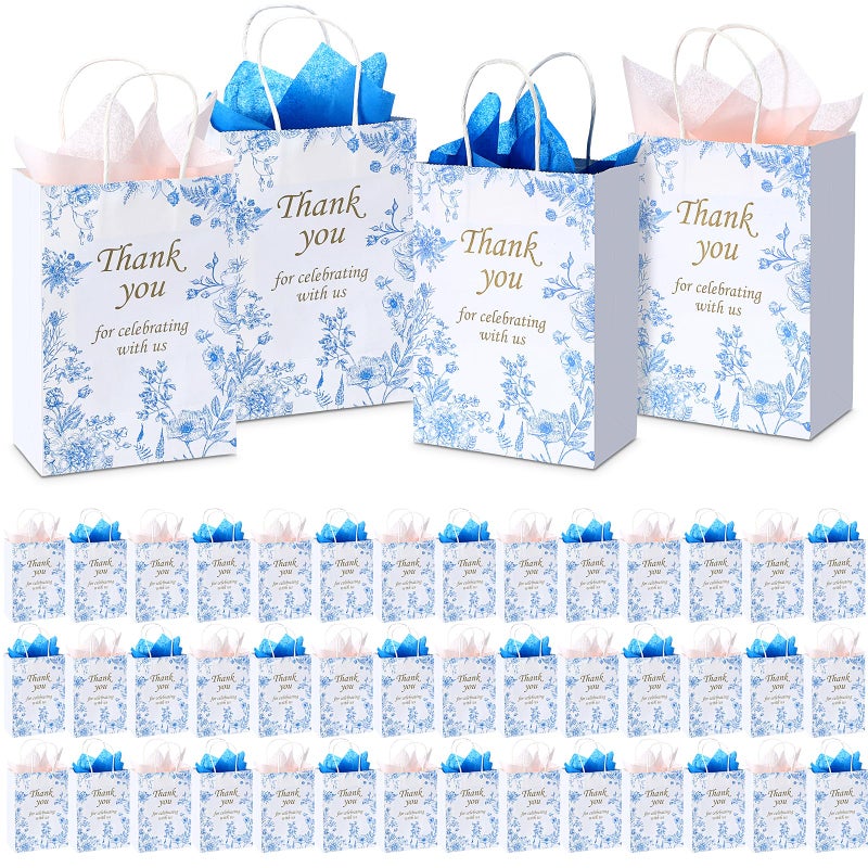 Tenceur 60 Pcs Blue Floral Gift Bags Bulk Wedding Bridal Gift Bag with Tissue Paper Party Favor Thank You Bags 5.9 x 3.2 x 8.3 Inch with Handle for Weddings Welcome, Bride Showers, Engagement Party - Image 1