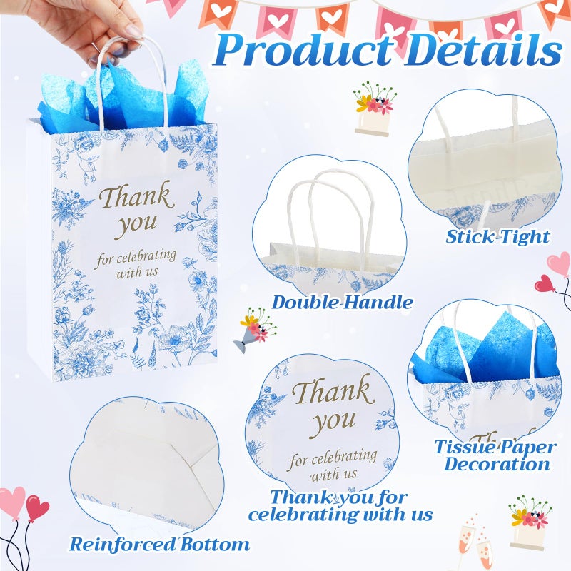 Tenceur 60 Pcs Blue Floral Gift Bags Bulk Wedding Bridal Gift Bag with Tissue Paper Party Favor Thank You Bags 5.9 x 3.2 x 8.3 Inch with Handle for Weddings Welcome, Bride Showers, Engagement Party - Image 4