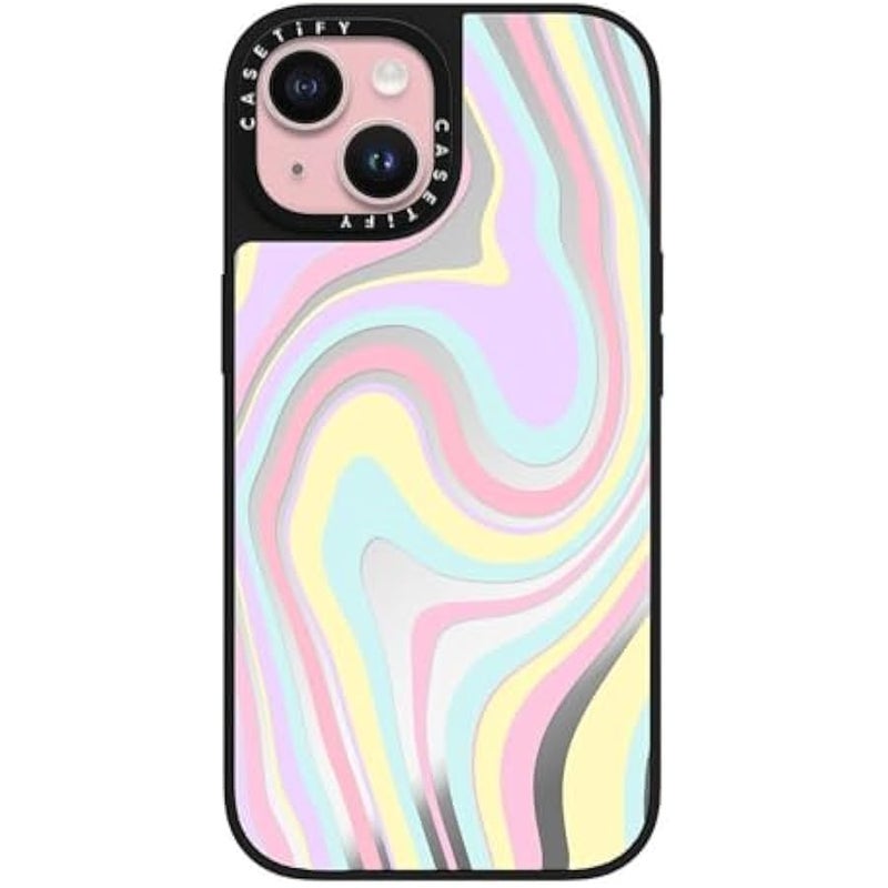 Casetify Mirror iPhone 15 Case 【Reflective / 4.9ft Drop Protection/Compatible with Magsafe】 - Unicorn Pastel Candy Swirls - Silver on Black - Image 1