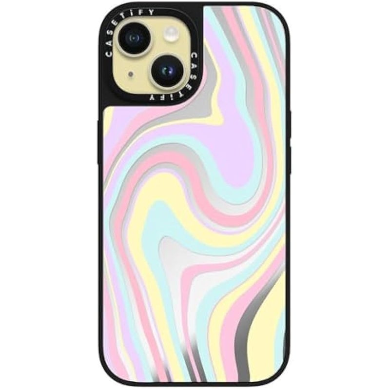 Casetify Mirror iPhone 15 Case 【Reflective / 4.9ft Drop Protection/Compatible with Magsafe】 - Unicorn Pastel Candy Swirls - Silver on Black - Image 2