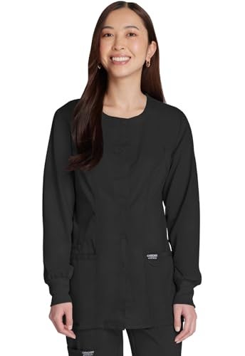Cherokee Snap Front Scrub Jackets for Women, Workwear Revolution Soft Stretch WW310, L, Black - Image 1