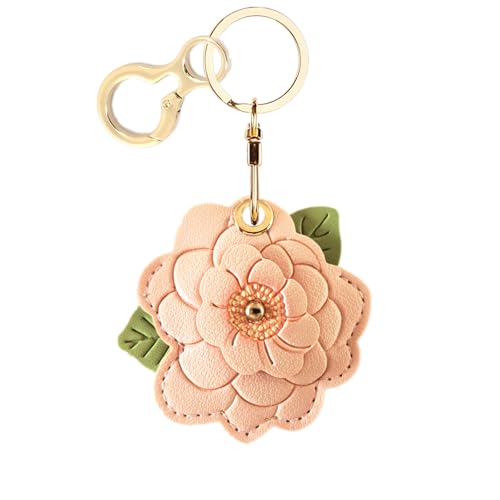 BORKUANA Leather Keychain Holder Case Compatible with AirTag,Cute Protective Cover with Keyring,Anti-Scratch Finder GPS Tracker Case for Wallet Keys,bag,pets(Camellia C) - Image 1
