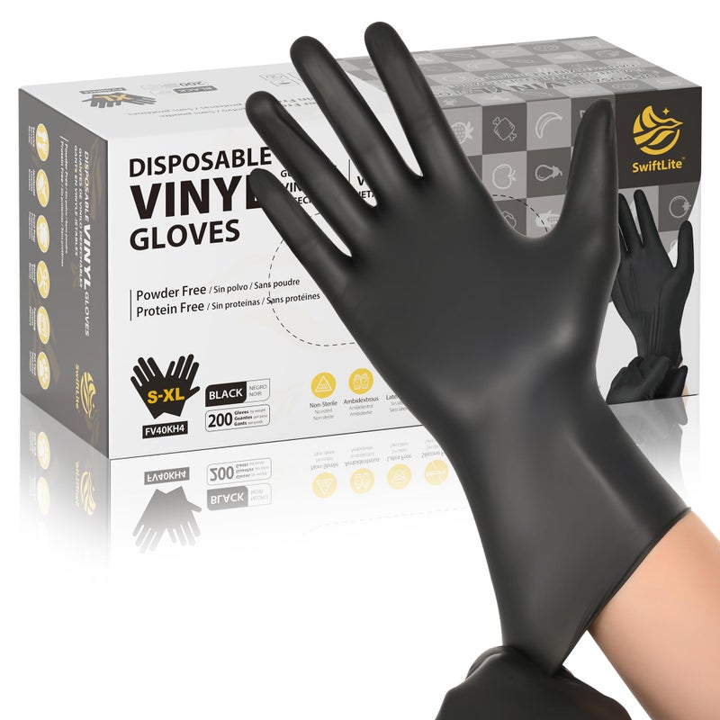 SWIFTLITE Black Vinyl Gloves, Food Grade Gloves Disposable Latex Free & Powder Free, Guantes for Cleaning Cooking Food Prep (200, Medium) - Image 1