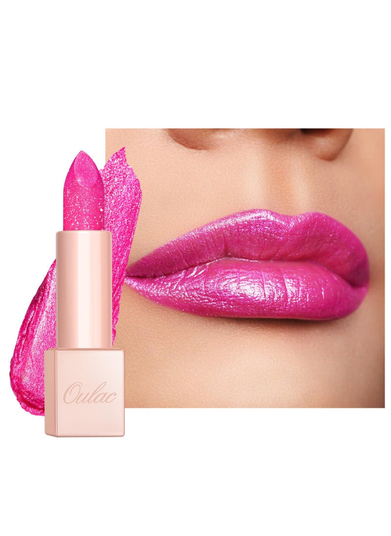 Oulac Oulac Pink Shimmer Lipstick for Women, Infinity High Shine Finish, Hydrating Lip Color Infused with Damask Rose Oil for All-Day Comfort, Gluten-Free Vegan Beauty, D02 Sparkle Sensation 
