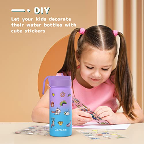 Gonfoam Kids Water Bottle, 2-Pack 16oz Water Bottles with Stickers and Straw, Stainless Steel Vacuum Insulated cup, Kids Water Bottle for School, Gifts for Boys and Girls(Blue/Purple) - Image 2