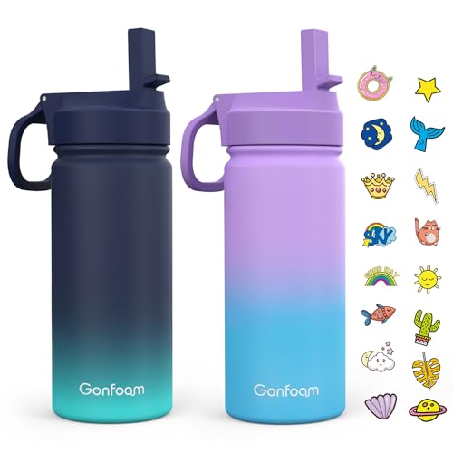 Gonfoam Kids Water Bottle, 2-Pack 16oz Water Bottles with Stickers and Straw, Stainless Steel Vacuum Insulated cup, Kids Water Bottle for School, Gifts for Boys and Girls(Blue/Purple) - Image 1