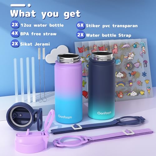 Gonfoam Kids Water Bottle, 2-Pack 16oz Water Bottles with Stickers and Straw, Stainless Steel Vacuum Insulated cup, Kids Water Bottle for School, Gifts for Boys and Girls(Blue/Purple) - Image 3