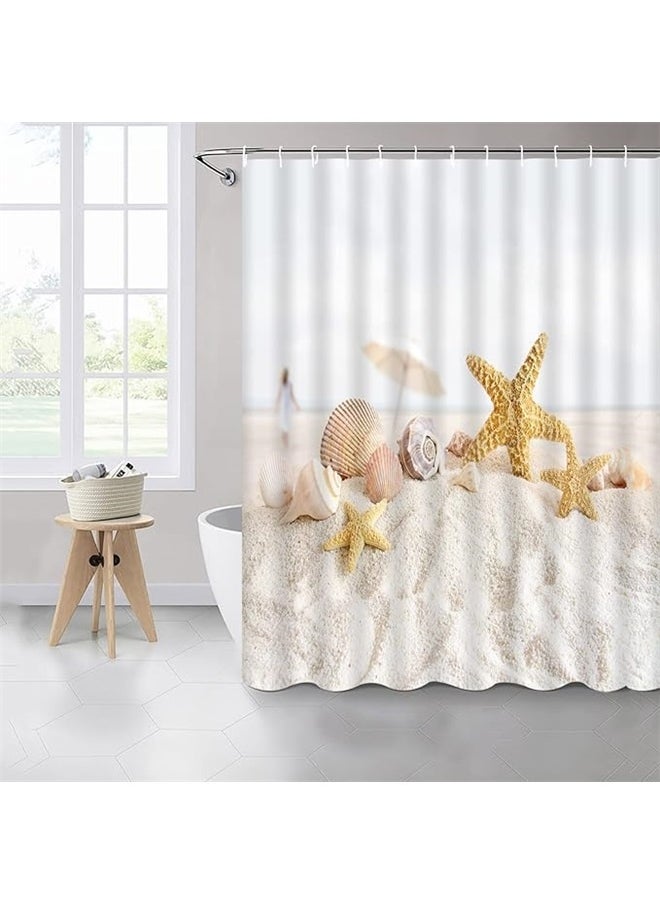 yongsheng Sea Shells Printed Shower Curtain With Hook Set White/Beige 165x180cm，Ocean Beach Shower Curtains Summer Sea Scenery Starfish Conch Shell Seaside Landscape Bathroom Decor Polyester Fabric Home Bath Cloth Hanging Curtain  - Image 5
