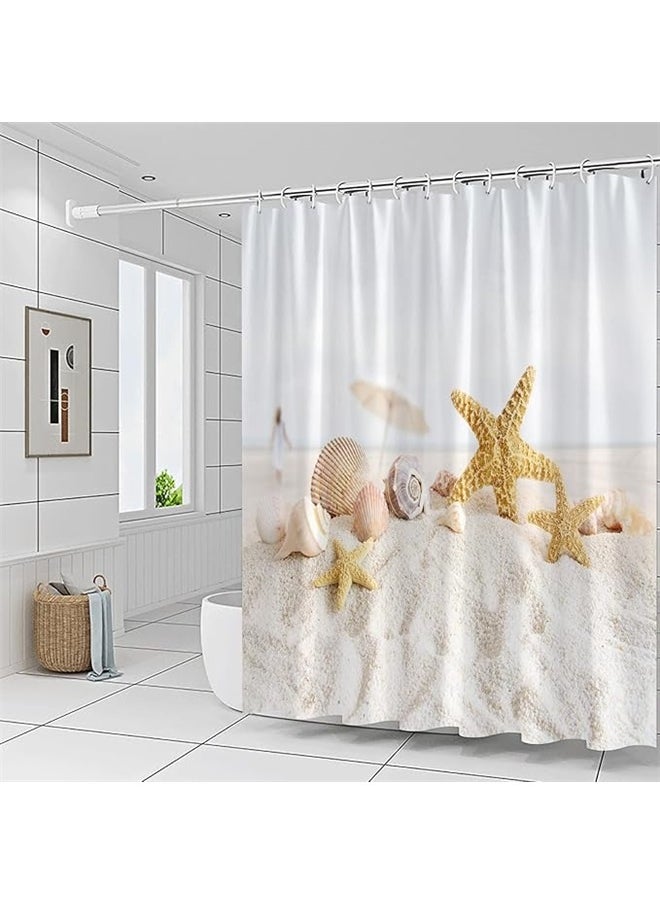 yongsheng Sea Shells Printed Shower Curtain With Hook Set White/Beige 165x180cm，Ocean Beach Shower Curtains Summer Sea Scenery Starfish Conch Shell Seaside Landscape Bathroom Decor Polyester Fabric Home Bath Cloth Hanging Curtain  - Image 4