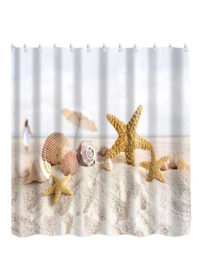 yongsheng Sea Shells Printed Shower Curtain With Hook Set White/Beige 165x180cm，Ocean Beach Shower Curtains Summer Sea Scenery Starfish Conch Shell Seaside Landscape Bathroom Decor Polyester Fabric Home Bath Cloth Hanging Curtain  - Image 1