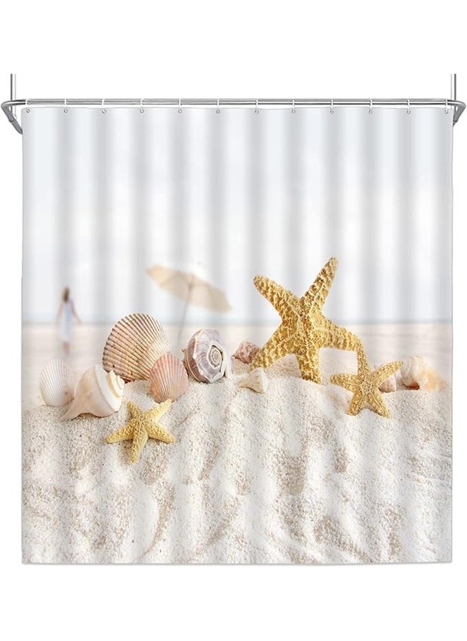 yongsheng Sea Shells Printed Shower Curtain With Hook Set White/Beige 165x180cm，Ocean Beach Shower Curtains Summer Sea Scenery Starfish Conch Shell Seaside Landscape Bathroom Decor Polyester Fabric Home Bath Cloth Hanging Curtain  - Image 2
