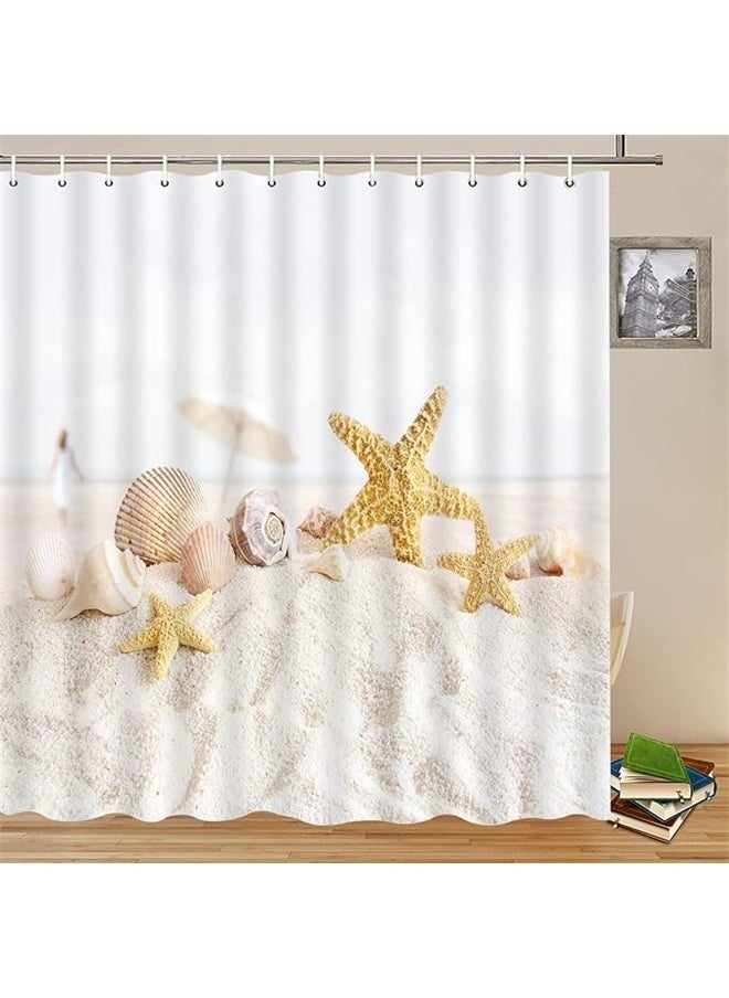 yongsheng Sea Shells Printed Shower Curtain With Hook Set White/Beige 165x180cm，Ocean Beach Shower Curtains Summer Sea Scenery Starfish Conch Shell Seaside Landscape Bathroom Decor Polyester Fabric Home Bath Cloth Hanging Curtain  - Image 3