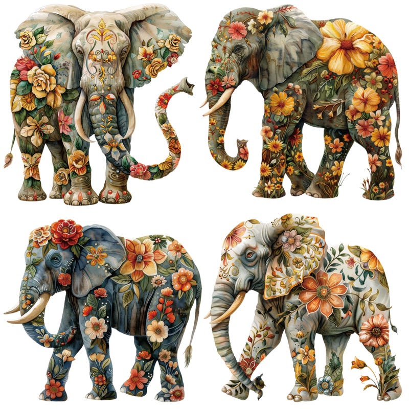Adonisaon Flower Elephant Iron on Transfer Patches Decorative Floral Animal Sticker Appliques Iron on Vinyl Colorful Decals for Clothing Bags Pillow Cases Art Decorations Set of 4 - Image 1