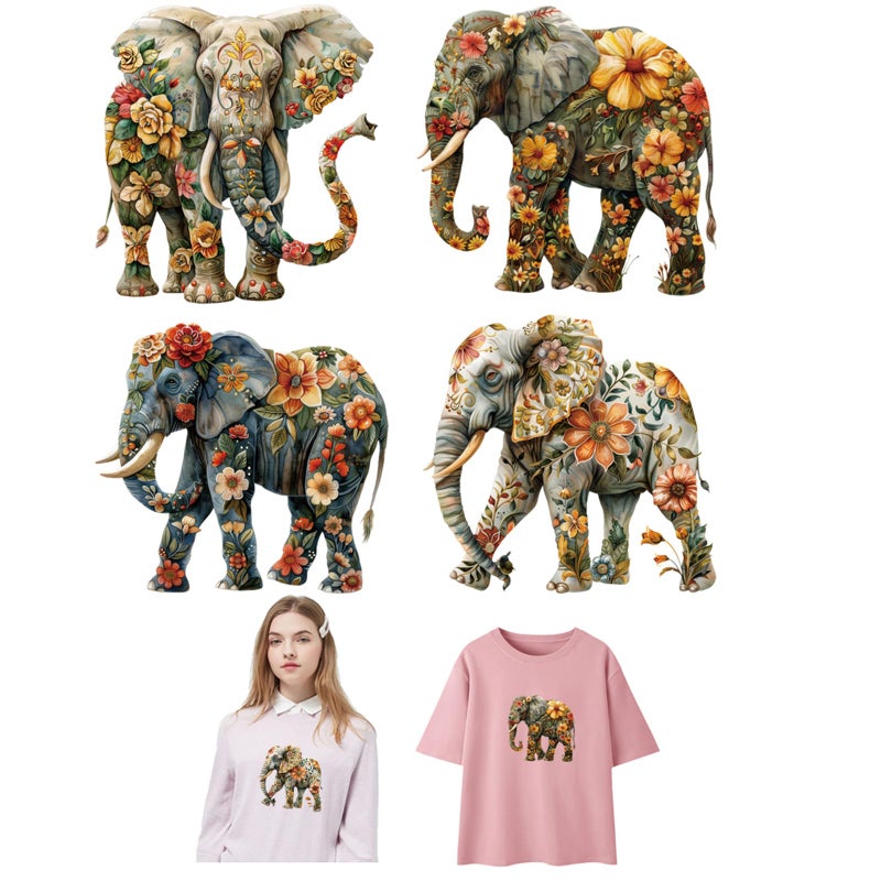 Adonisaon Flower Elephant Iron on Transfer Patches Decorative Floral Animal Sticker Appliques Iron on Vinyl Colorful Decals for Clothing Bags Pillow Cases Art Decorations Set of 4 - Image 5