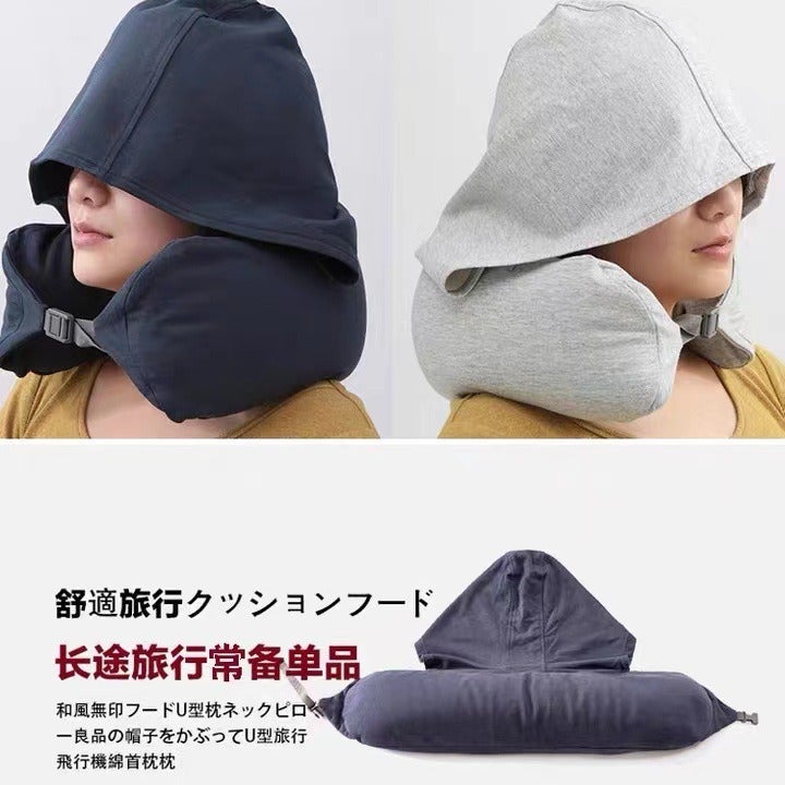 Unprinted U-shaped Pillow Cotton Hooded Pillow U-shaped Pillow Good Neck Protection Pillow Nap Shading Cap Car Aircraft Travel Pillow Headrest Orange Red