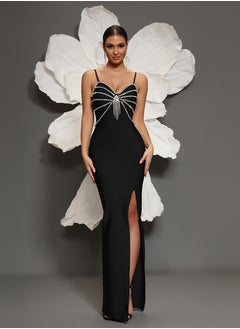 Meilun Women's Black Shoulder Strap Beaded Evening Dress  - Image 1