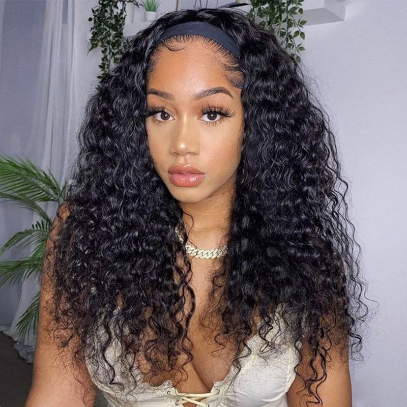 Aiterina Headband Wig for Black Woman 20 inch Brazilian Human Hair Wigs Deep Curly Wave Headband Wig Natural Color