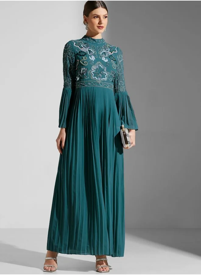 Frock and Frill Flute Sleeve Sequin Detail Dress